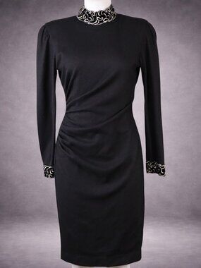 Vintage Ungaro Ter Black Wool Dress Ruched Sheath High Neck Embroidered Collar 8